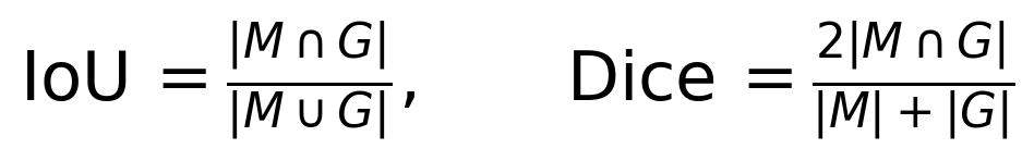 \operatorname{IoU}=\frac{|M\cap G|}{|M\cup G|},\qquad \operatorname{Dice}=\frac{2|M\cap G|}{|M|+|G|}