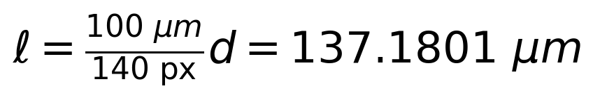 \ell=\frac{100\ \mu m}{140\ {\rm px}}d=137.1801\ \mu m