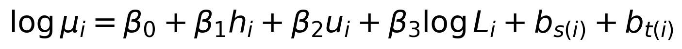 \log\mu_i=\beta_0+\beta_1 h_i+\beta_2 u_i+\beta_3\log L_i+b_{s(i)}+b_{t(i)}