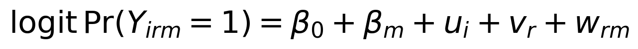 \operatorname{logit}\Pr(Y_{irm}=1)=\beta_0+\beta_m+u_i+v_r+w_{rm}