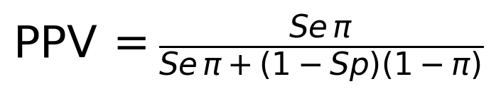 \operatorname{PPV}=\frac{Se\,\pi}{Se\,\pi+(1-Sp)(1-\pi)}